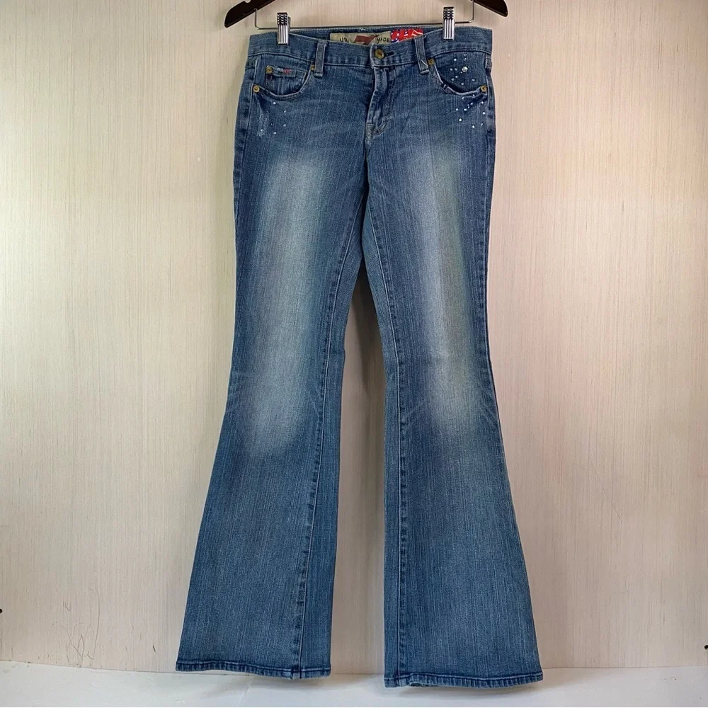 7 Seven For All Man Kind Women's Bootcut Distressed Embellished Blue Jeans Sz 28